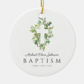 Elegante religiöse Cross Green Botanical Baptism Keramik Ornament (Vorne)