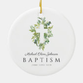 Elegante religiöse Cross Green Botanical Baptism Keramik Ornament (Hinten)