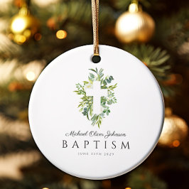 Elegante religiöse Cross Green Botanical Baptism Keramik Ornament