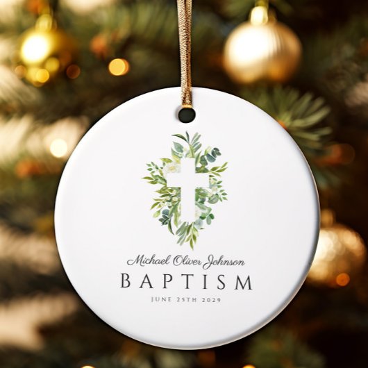 Elegante religiöse Cross Green Botanical Baptism Keramik Ornament