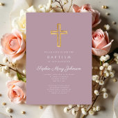 Elegante religiöse Cross Lila Script Girl Taufe Einladung