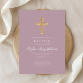 Elegante religiöse Cross Lila Script Girl Taufe Einladung
