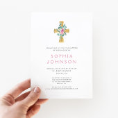 Elegante religiöse Cross Pink Floral Girl Taufe Einladung