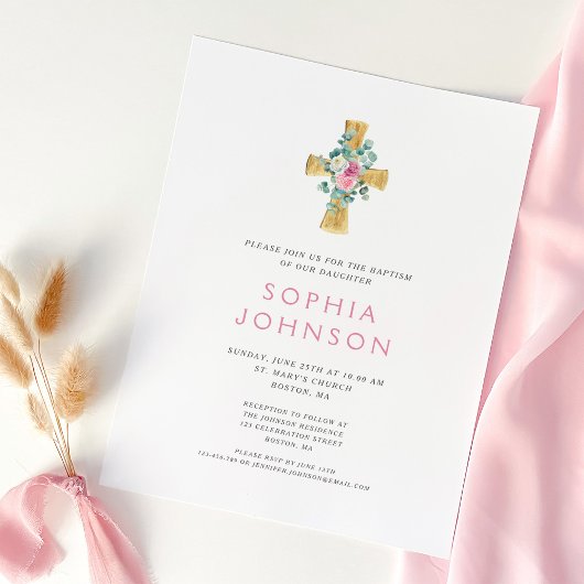 Elegante religiöse Cross Pink Floral Girl Taufe Einladung