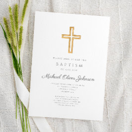 Elegante religiöse Cross Script Boy Taufe Einladung