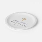 Elegante religiöse Kreuzschiff Blue Boy Taufe Pappteller (Schrägansicht)