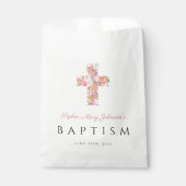 Elegante religiöse rosa, florale Kreuztaufe Geschenktütchen (Vorderseite)