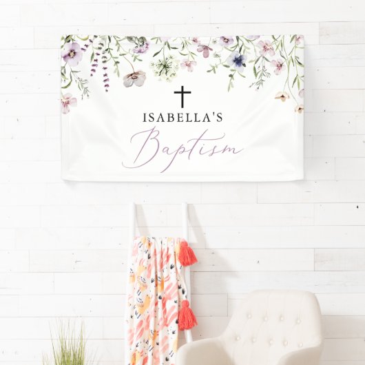 Elegante religiöse rosa Wildblume Girl Baptism Banner (Insitu)