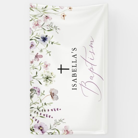 Elegante religiöse rosa Wildblume Girl Baptism Banner (Vertikal)