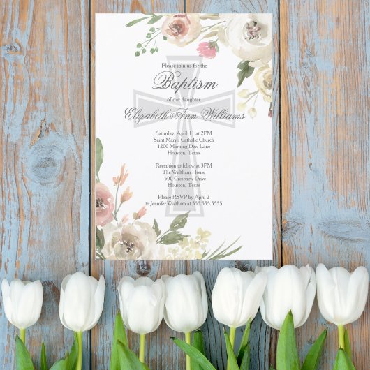 Elegante religiöse Taufkirche Rosa Blütenbraun Einladung