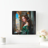 Elegante Renaissance-Frau in grünem Kleid Quadratische Wanduhr (Zuhause)