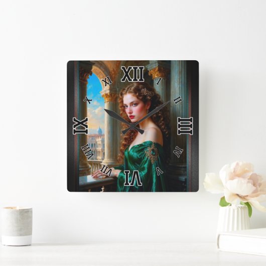Elegante Renaissance-Frau in grünem Kleid Quadratische Wanduhr (Zuhause)