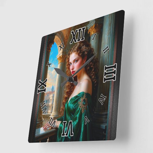 Elegante Renaissance-Frau in grünem Kleid Quadratische Wanduhr (Winkel)
