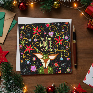 Elegante Rentiere Blumen Weihnachtswünsche Feiertagskarte