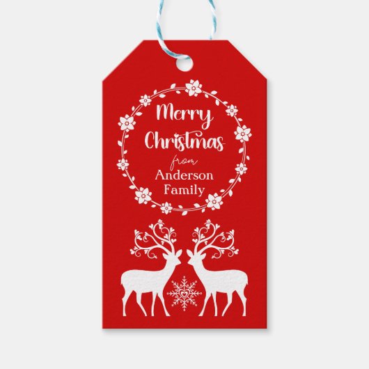 Elegante Rentiere mit Blumenrahmen Weihnachten Geschenkanhänger (Vorderseite)