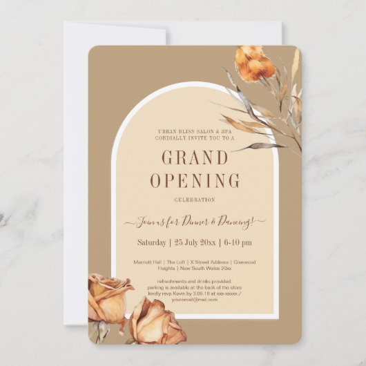 Elegante Retro Arch Blume Business Grand Opening Einladung (Vorderseite)