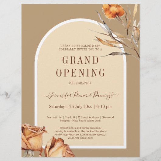 Elegante Retro Arch Blume Business Grand Opening Flyer (Vorne)