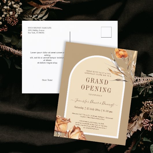 Elegante Retro Arch Blume Business Grand Opening Postkarte