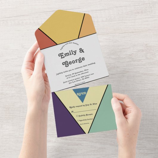 Elegante Retro Artistic Groovy Abstrakte Hochzeit All In One Einladung (Abreißen)