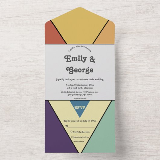 Elegante Retro Artistic Groovy Abstrakte Hochzeit All In One Einladung (Innen Boden)