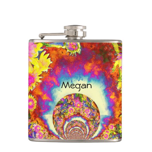 Elegante Retro-Boho Wasserfarben-Sonnenblumenfelde Flachmann (Vorderseite)