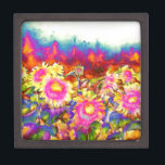 Elegante Retro-Boho Wasserfarben-Sonnenblumenfelde Schmuckkiste<br><div class="desc">Elegante Retro-Boho Wasserfarben-Sonnenblumenfelder</div>