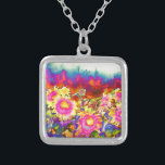 Elegante Retro-Boho Wasserfarben-Sonnenblumenfelde Versilberte Kette<br><div class="desc">Elegante Retro-Boho Wasserfarben-Sonnenblumenfelder</div>
