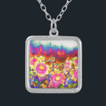Elegante Retro-Boho Wasserfarben-Sonnenblumenfelde Versilberte Kette<br><div class="desc">Elegante Retro-Boho Wasserfarben-Sonnenblumenfelder</div>