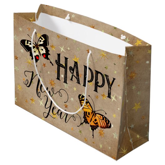 Elegante Retro Butterflies Stars Taupe Niedlich Vi Große Geschenktüte (Rückseite Schrägansicht)