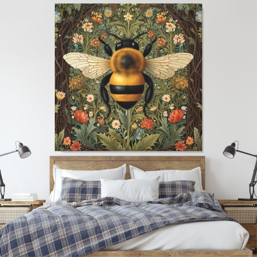Elegante Retro-Hummel boho botanische Blumenkunst Leinwanddruck (Insitu (Schlafzimmer))