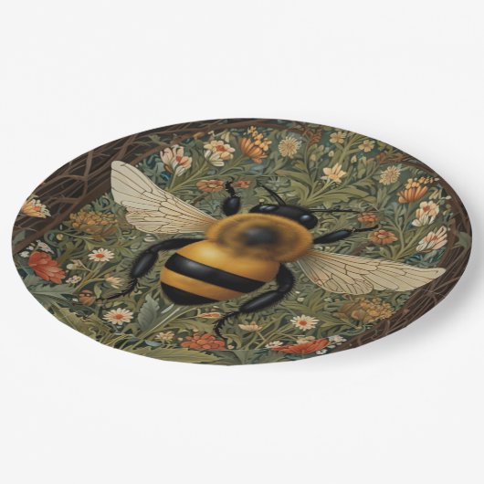 Elegante Retro-Hummel boho botanische Blumenkunst Pappteller (Schrägansicht)