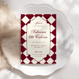 Elegante Retro-Karo-Bordeaux-Hochzeit Einladung
