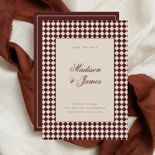 Elegante Retro-Karo-Rot-Beige-Hochzeit Save The Date