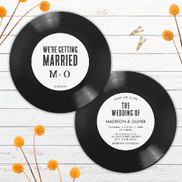 Elegante Retro Schwarz und Weiß Vinyl Record Hochz Einladung