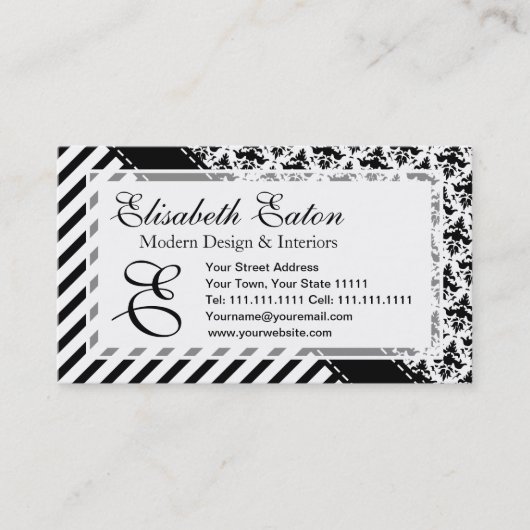 Elegante Retro Schwarzweiss-Streifen und Damast Visitenkarte (Vorderseite)