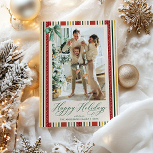 Elegante Retro Streifen Bow Happy Holidays 1 Foto Feiertagskarte