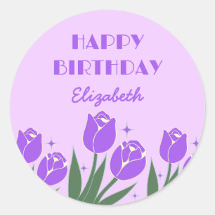 Elegante Retro Tulip Floral Lila Geburtstag Runder Aufkleber