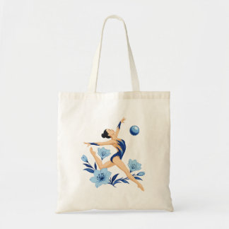 Elegante rhythmische Gymnastin mit blauer Blumenta Tragetasche