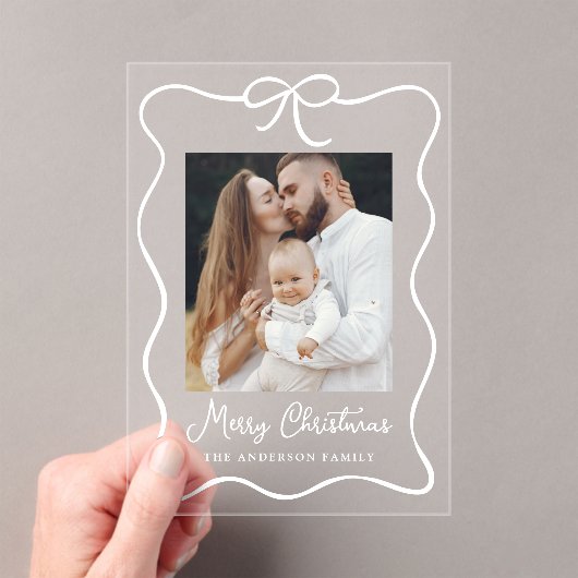 Elegante Ribbon Bow Foto Holiday Card Acryleinladungen (Insitu (Handheld))