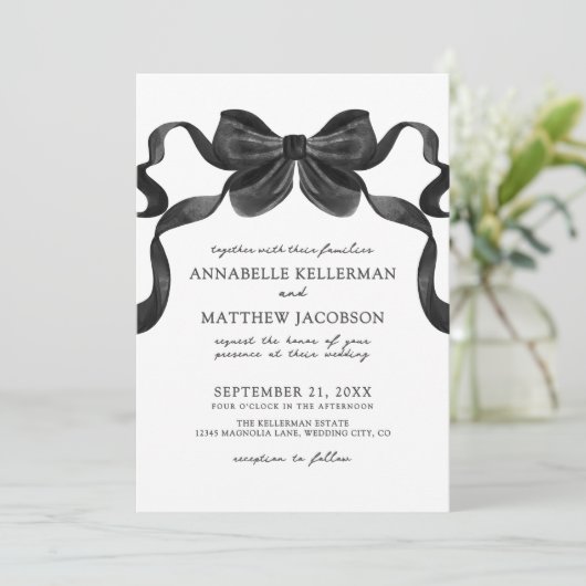 Elegante Ribbon Bow Schwarz-Weiß-Hochzeit Einladung (Stehend Vorderseite)