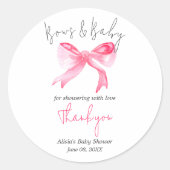 Elegante Ribbon Pink Bows und Baby Girl Baby Showe Runder Aufkleber (Vorderseite)