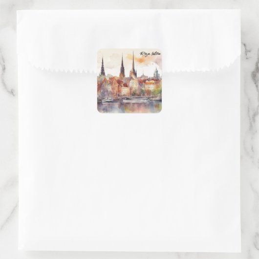 Elegante Riga Lettland Wasserfarben Stadtansicht Quadratischer Aufkleber (Tasche)