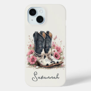 Elegante Rindslederstiefel mit monogrammierten Blu Case-Mate iPhone Hülle