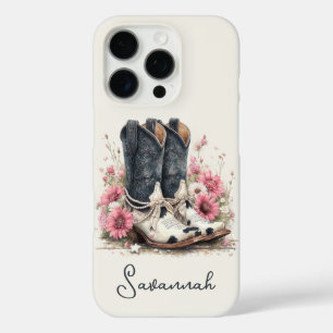 Elegante Rindslederstiefel mit monogrammierten Blu iPhone 16 Pro Hülle