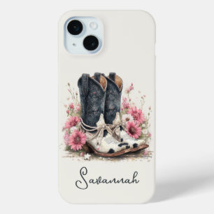 Elegante Rindslederstiefel mit monogrammierten Blu Case-Mate iPhone Hülle
