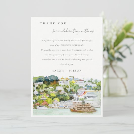 Elegante River Cruise Country Landschaft Hochzeit Dankeskarte (Stehend Vorderseite)