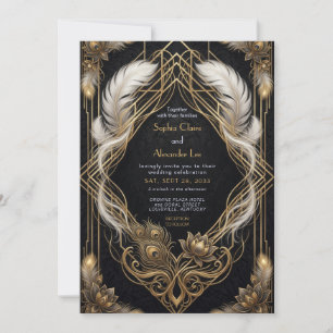 Elegante Roaring Twenties Schwarz und Gold Feder H Einladung