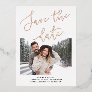 Elegante Romance   Foto Save the Date Rose Gold Folie Einladungspostkarte
