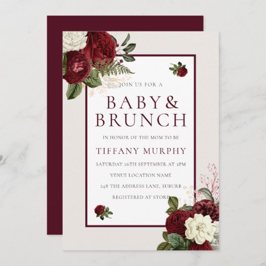 Elegante Romantic Burgundy Floral Baby Shower Einladung (Vorne/Hinten)