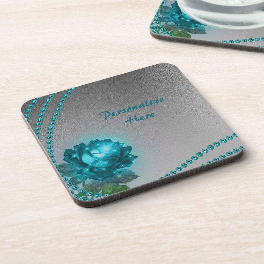 Elegante & romantische Aquamarine Perlen & Rose Pe Getränkeuntersetzer (Linke Seite)
